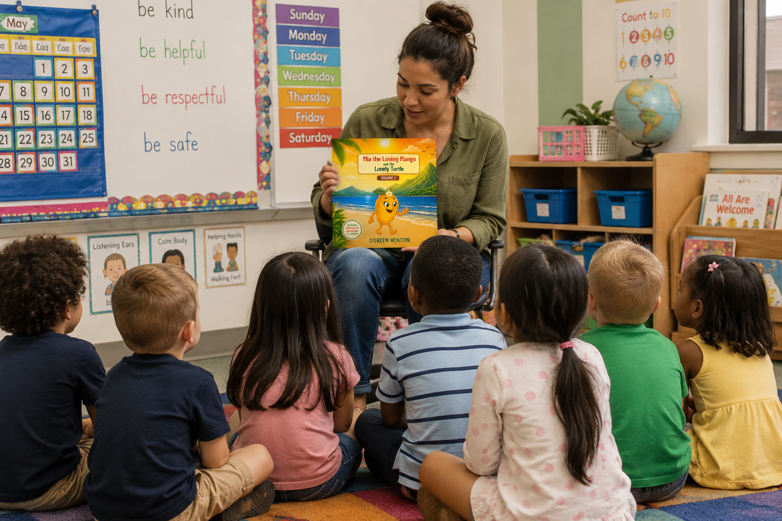 A teacher reading Mia the Loving Mango aloud to a class of young children seated on a colorful rug