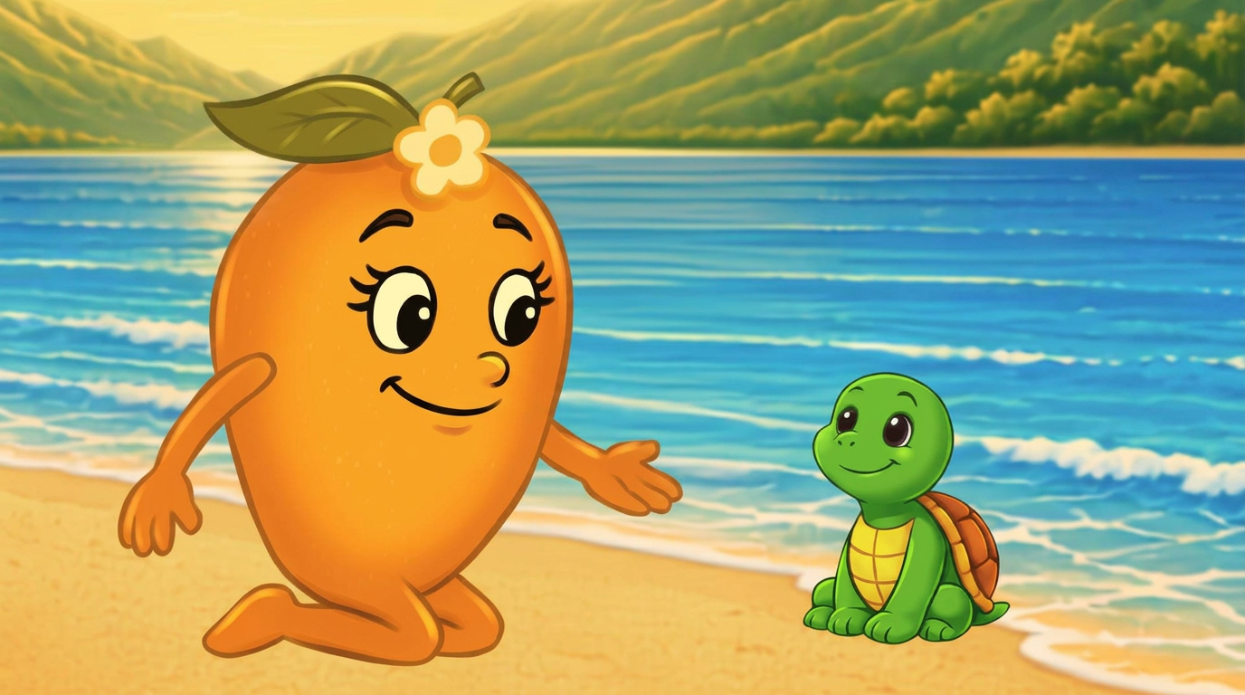 Mia the mango and Toby the turtle together on the beach