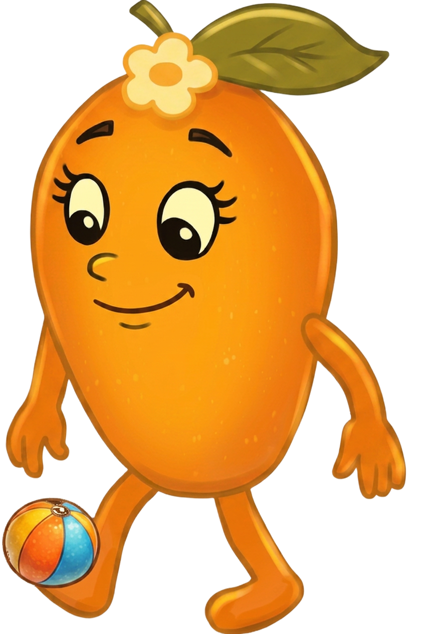 Mia the Loving Mango walking on the beach with a colorful ball