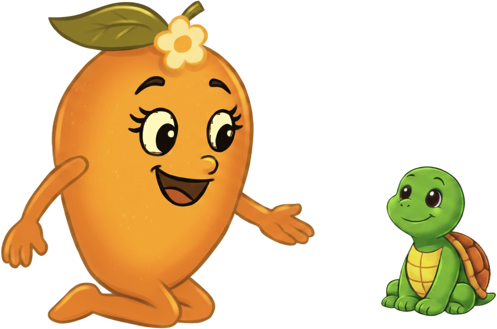 Mia the mango greeting Toby the turtle on the beach in a scene from the book