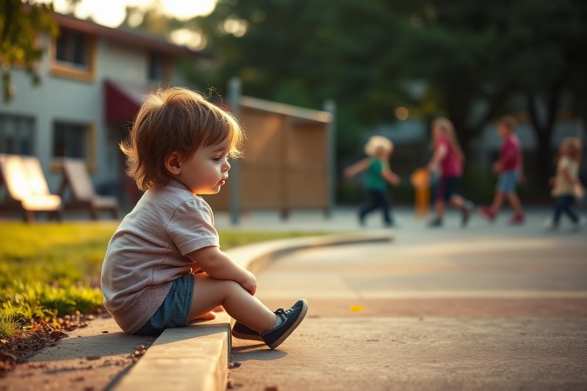 A young child sitting alone at the edge of a playground while other children play