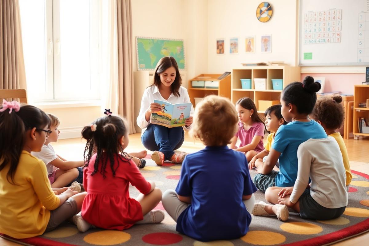 A teacher reading a picture book aloud to a circle of young children on a classroom rug