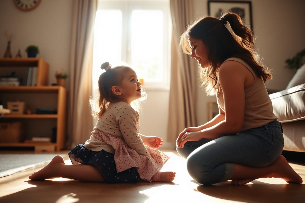 A mother kneeling down to talk with her young daughter about how she is feeling
