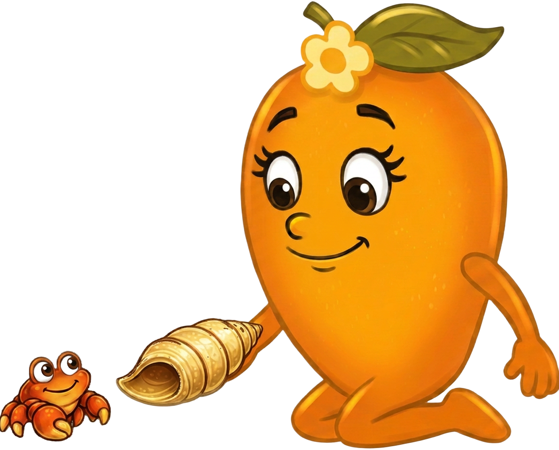 Mia the Loving Mango kneeling to offer a spiral shell to a little hermit crab