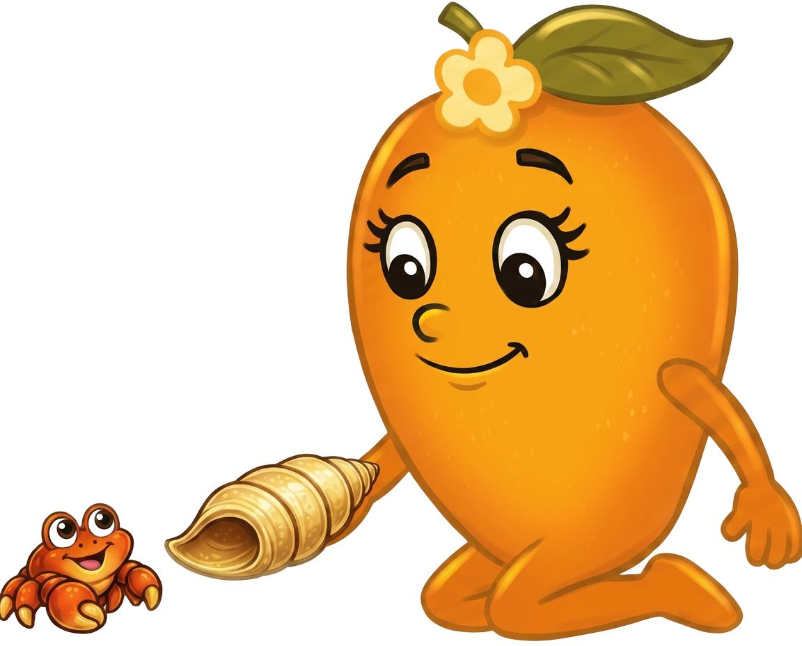 Mia the Loving Mango kneeling to help a little hermit crab find a shell